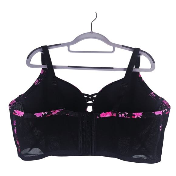 Torrid Curve Push- Up Plunge Black Lace Overlay Pink Floral Bra 42DD - Picture 2 of 5